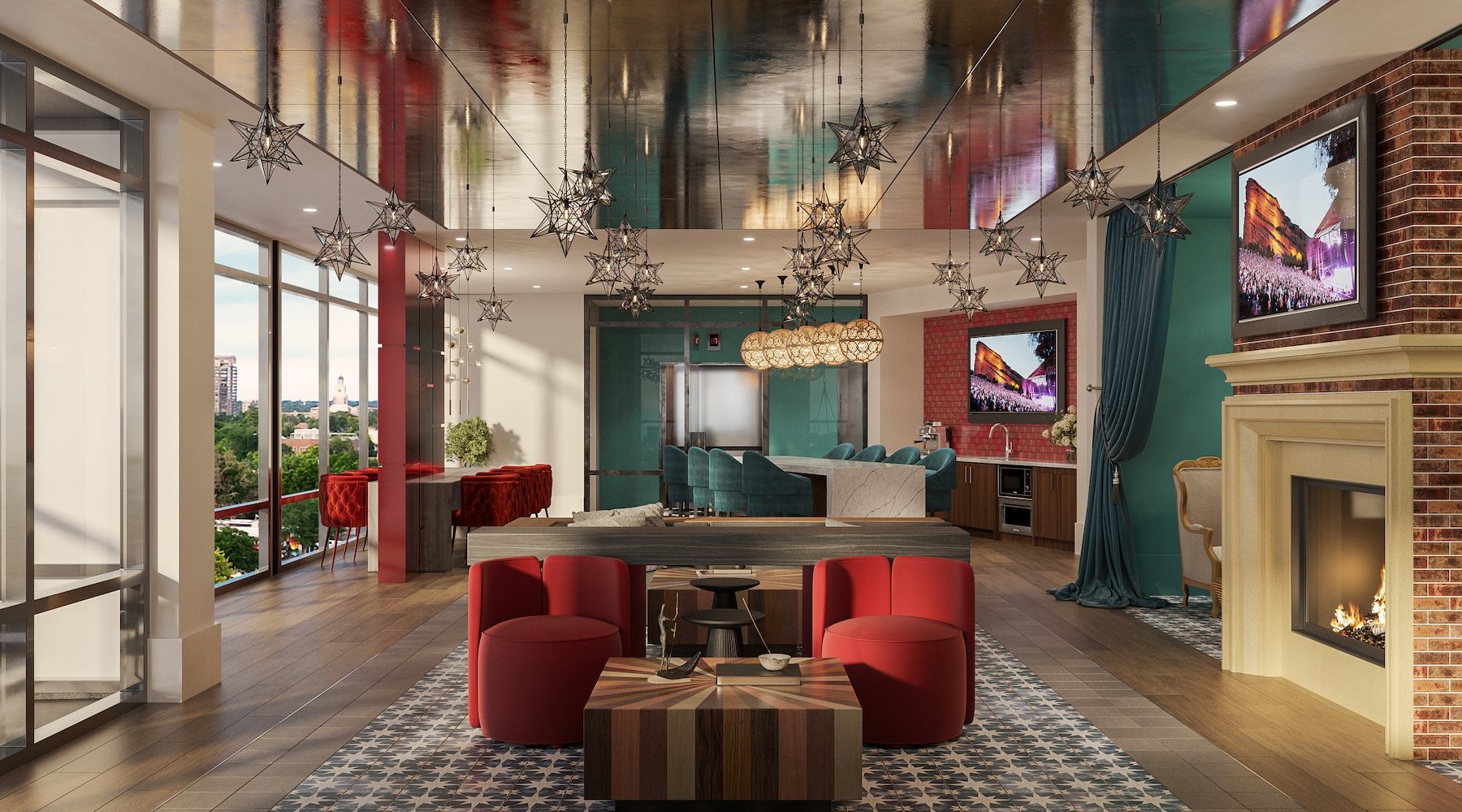 Access to resident only features lounge with seating tv and fireplace
