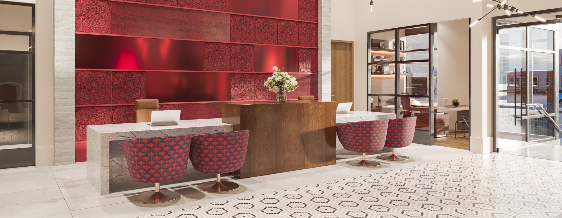 a room with a table and chairs and a large red wall