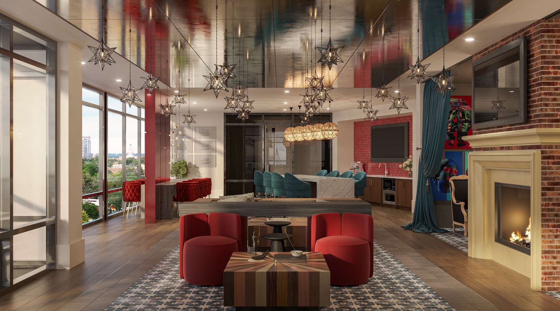 lounge with seating tv and fireplace